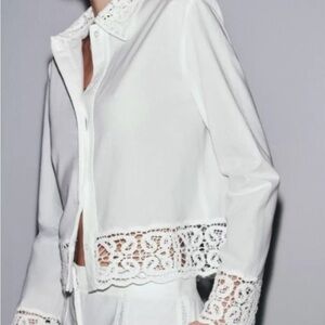 Zara White Lace Detail Button Down Shirt and Top